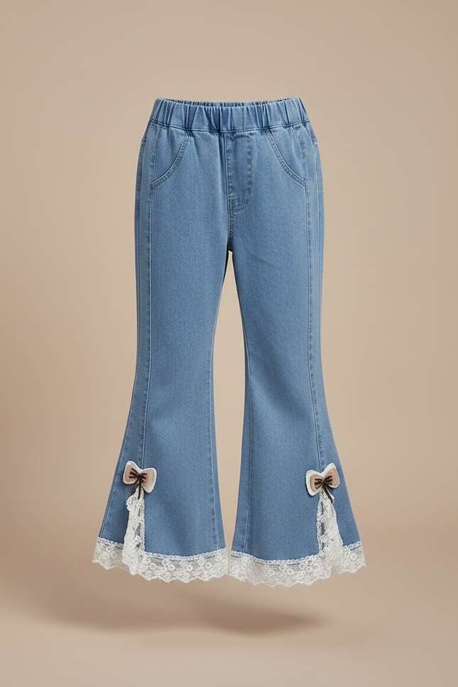 Pantalon Patte D'Éléphant Jean Évasé Dentelle Papillon Fille - Bleu - vue 3