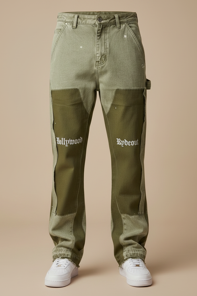 Pantalon Patte D'Éléphant Vert Bicolore Patchwork Évasé Peintures Homme - Kaki Toile - vue 3