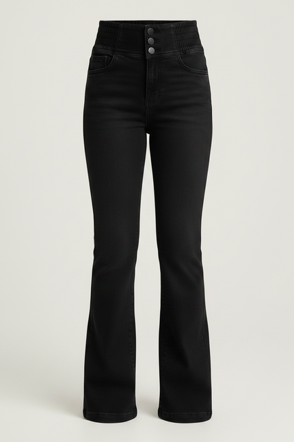 Pantalon Patte D'Éléphant Noir Élasthanne Taille Haute Boutons - Jean - vue 3