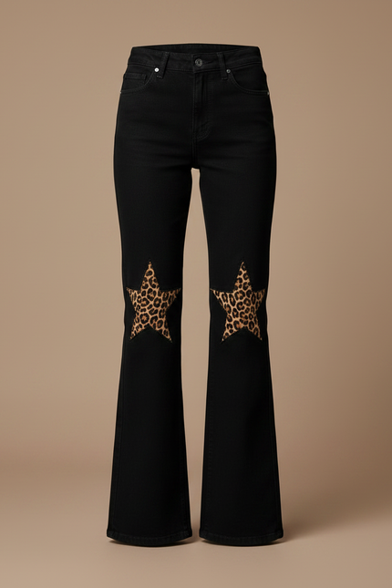 Pantalon Patte D'Éléphant Noir Étoiles Léopard Femme Décontracté - Jean - vue 3