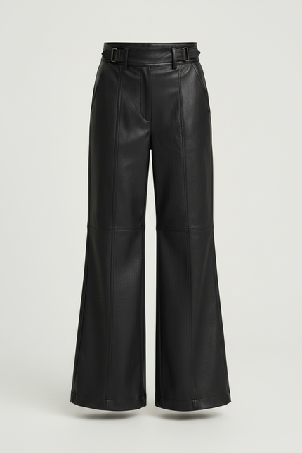Pantalon Patte D'Éléphant Noir Similicuir Taille Haute Ceinturé - Simili cuir - vue 3