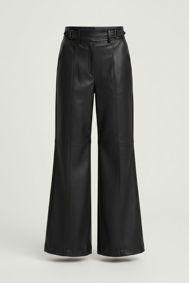 Pantalon Patte D'Éléphant Noir Similicuir Taille Haute Ceinturé - Simili cuir - vue 3
