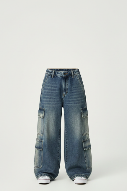 Pantalon Patte D'Éléphant Jean Cargo Bleu Délavé Garçon Ample - vue 3