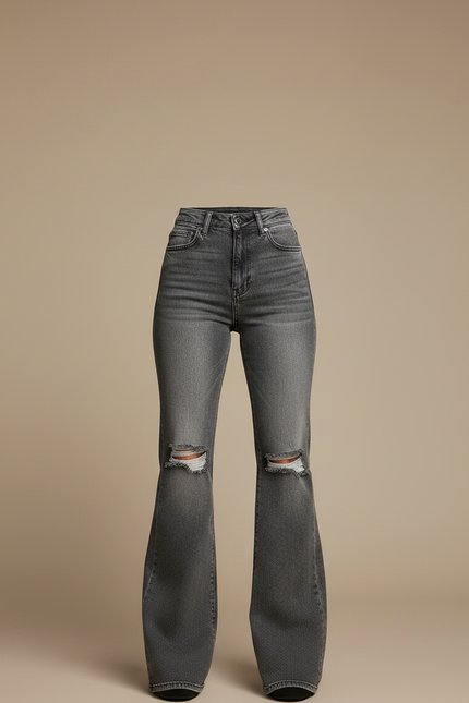 Pantalon Patte D'Éléphant Gris Délavé Déchiré Taille Haute Denim - Jean - vue 3