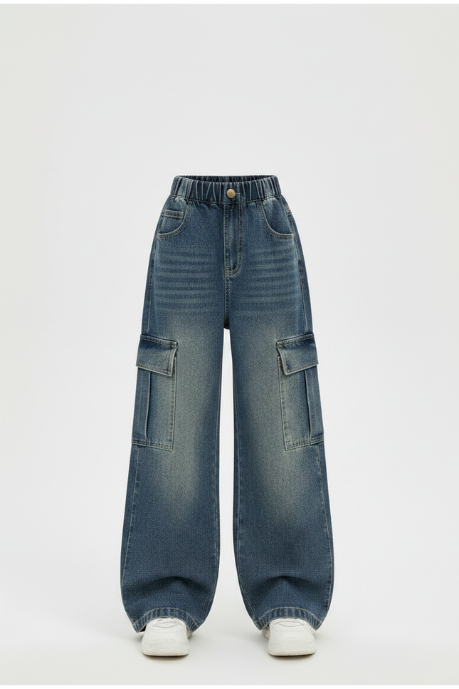 Pantalon Patte D'Éléphant Cargo Denim Large Enfant - Bleu Jean - vue 3