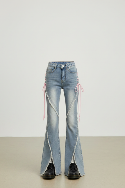 Pantalon Patte D'Éléphant Jean Évasé Lacets Roses Y2K - Bleu - vue 3