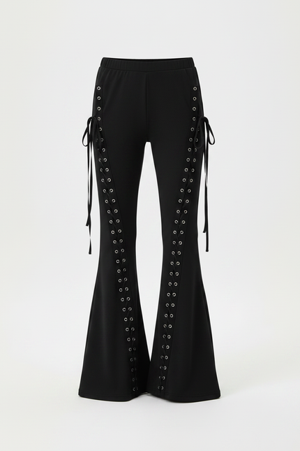 Pantalon Patte D'Éléphant Noir Lacets Œillets Évasé Garçon - Maille - vue 3