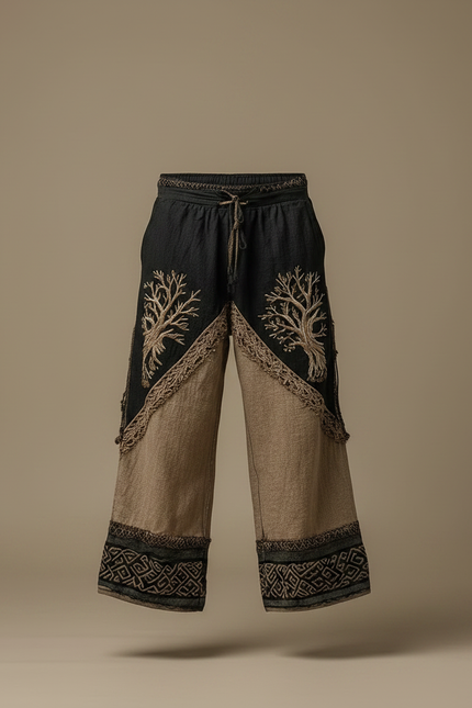 Pantalon Patte D'Éléphant Brodé Arbre Ethnique Ample Lin - Multicolore - vue 3