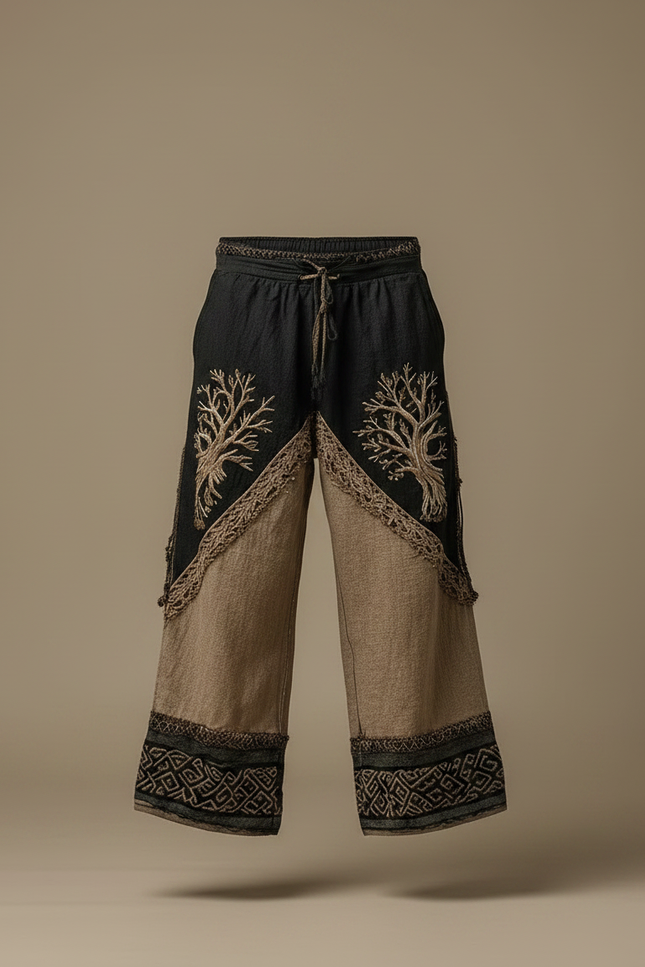 Pantalon Patte D'Éléphant Brodé Arbre Ethnique Ample Lin - Multicolore - vue 3