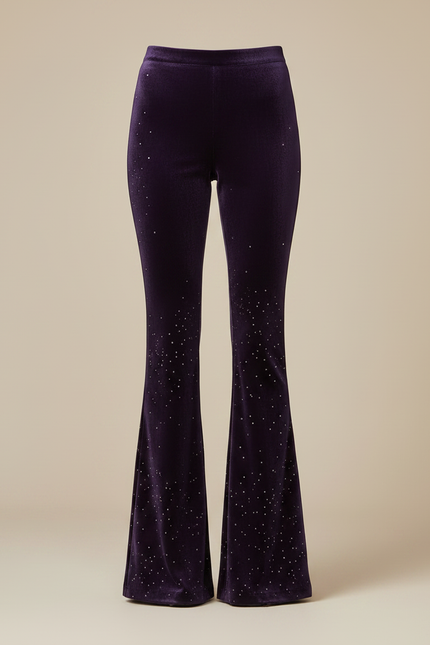 Pantalon Patte D'Éléphant Velours Violet Brodé Évasé Femme - vue 3