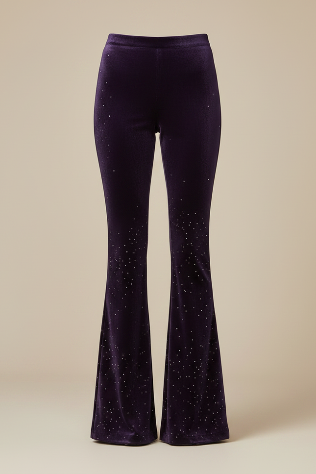 Pantalon Patte D'Éléphant Velours Violet Brodé Évasé Femme - vue 3