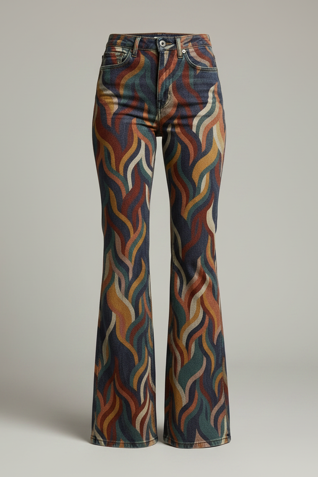 Pantalon Patte D'Éléphant Imprimé Ondulé Multicolore Vintage Taille Haute - Jean - vue 3