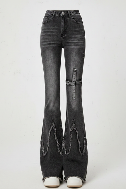 Pantalon Patte D'Éléphant Noir Délavé Franges Y2K Ceinture - Jean - vue 3