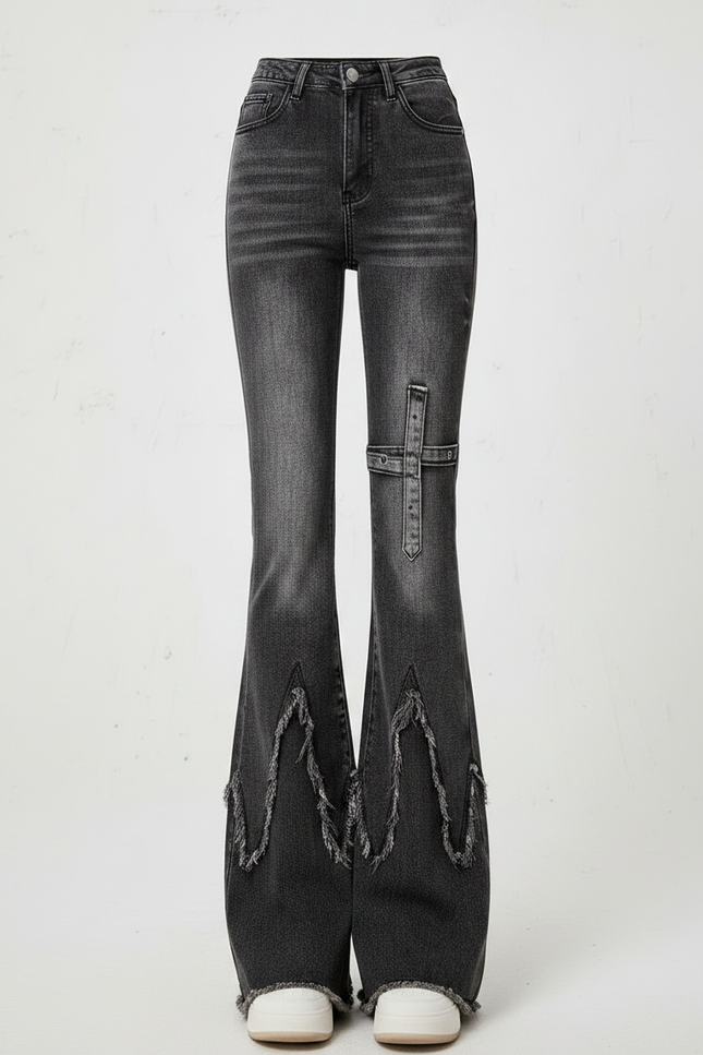 Pantalon Patte D'Éléphant Noir Délavé Franges Y2K Ceinture - Jean - vue 3