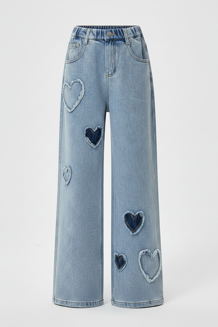 Pantalon Patte D'Éléphant Denim Cœur Évasé Fille Décontracté - Bleu Jean - vue 3