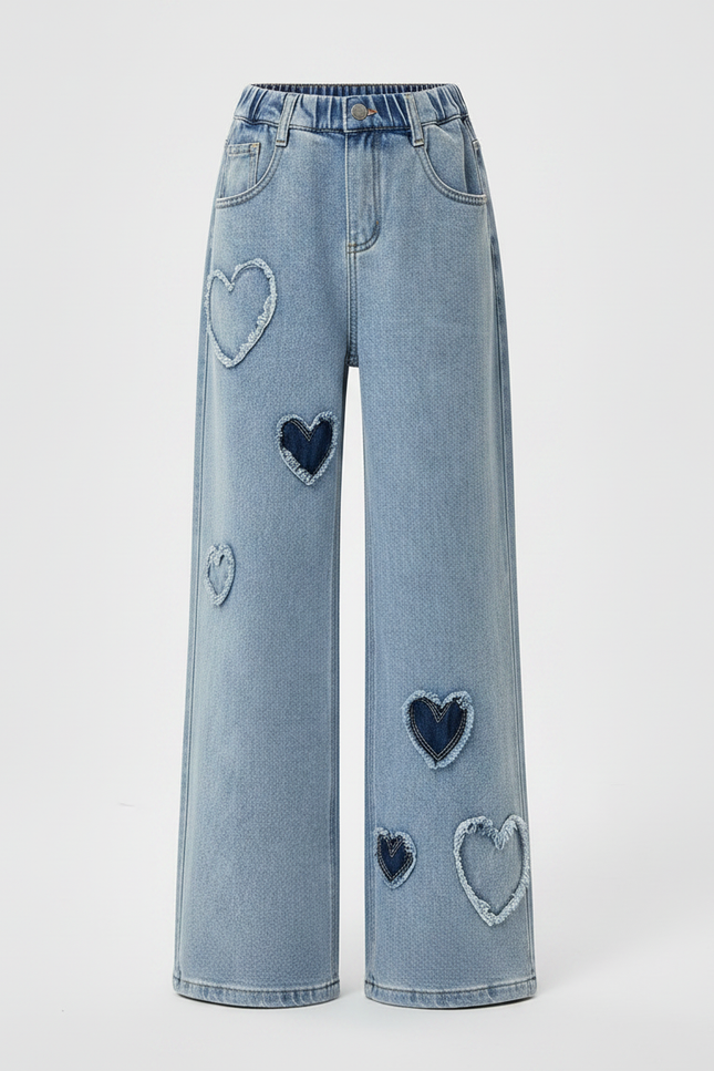 Pantalon Patte D'Éléphant Denim Cœur Évasé Fille Décontracté - Bleu Jean - vue 3