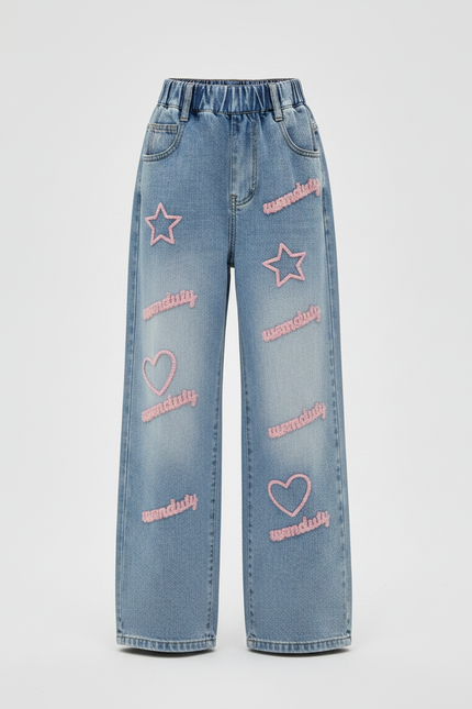 Pantalon Patte D'Éléphant Denim Brodé Étoiles Coeurs Ample Fille - Bleu Jean - vue 3