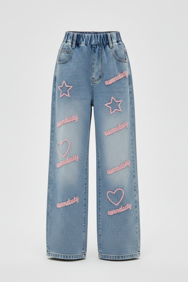 Pantalon Patte D'Éléphant Denim Brodé Étoiles Coeurs Ample Fille - Bleu Jean - vue 3