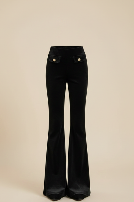 Pantalon Patte D'Éléphant Noir Velours Évasé Boutons Dorés - vue 3