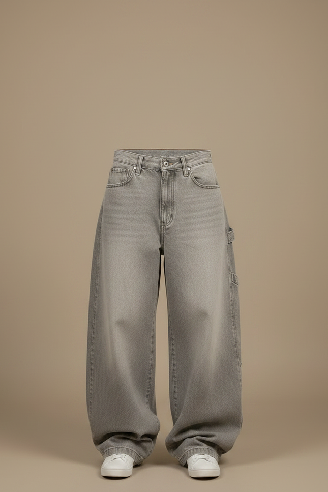 Pantalon Patte D'Éléphant Gris Ample Délavé Décontracté Femme - Jean - vue 3