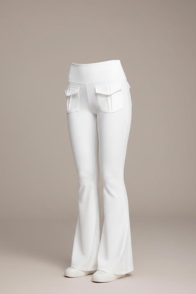 Pantalon Patte D'Éléphant Blanc Taille Haute Poches Évasé Élégant - Polyester - vue 3
