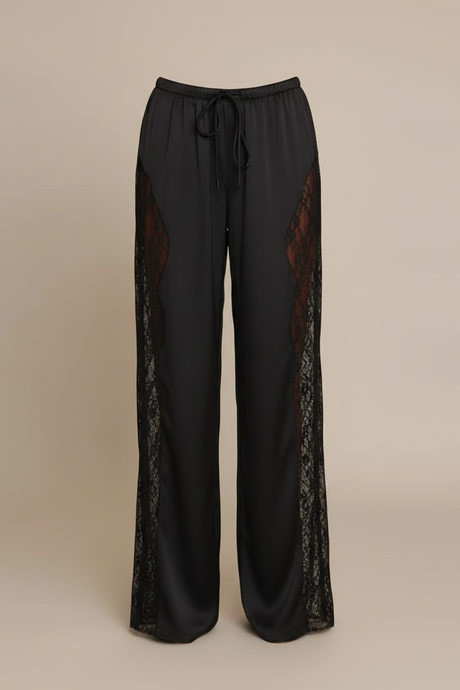 Pantalon Patte D'Éléphant Noir Satiné Dentelle Fluide Élégant - vue 3