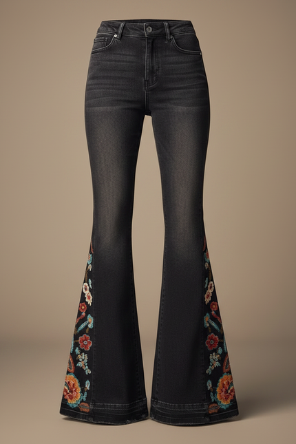 Pantalon Patte D'Éléphant Noir Brodé Floral Vintage Évasé - Jean - vue 3