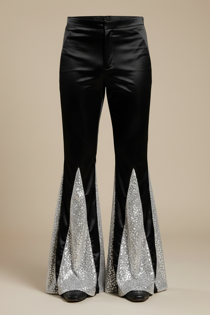 Pantalon Patte D'Éléphant Noir Satin Paillettes Argentées Homme - vue 3