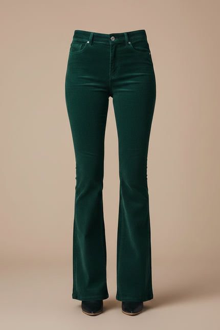 Pantalon Patte D'Éléphant Vert Côtelé Taille Haute Élégant Femme - Cordé - vue 3