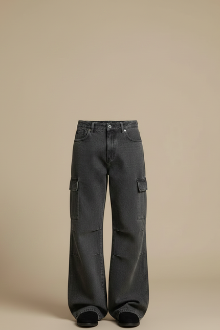 Pantalon Patte D'Éléphant Cargo Noir Délavé Ample Homme - Gris Jean - vue 3