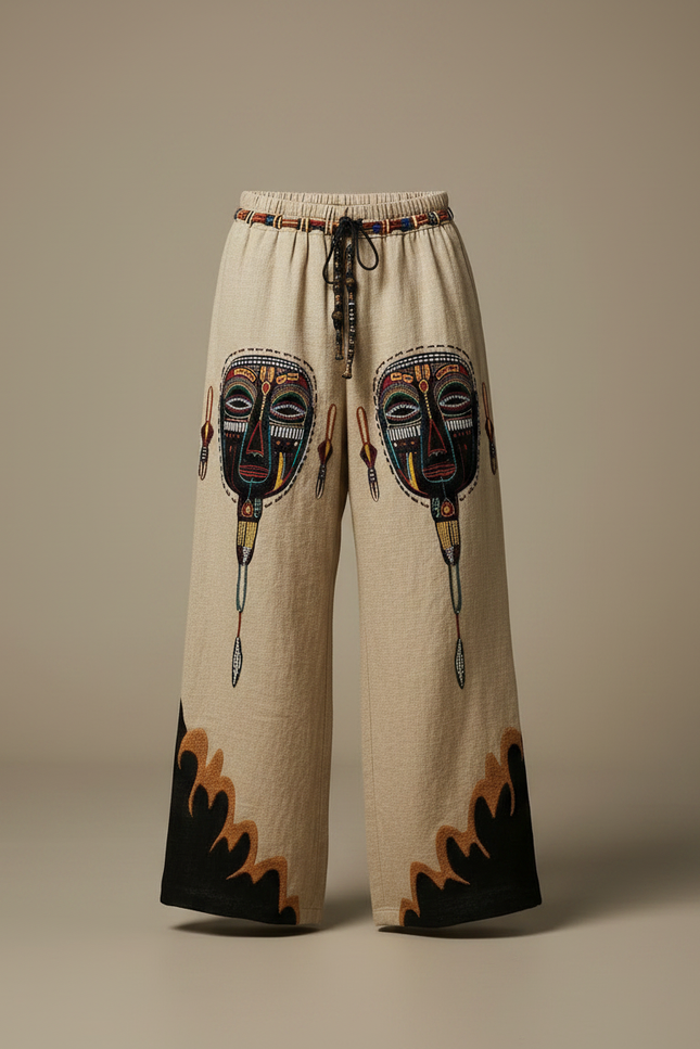 Pantalon Patte D'Éléphant Ethnique Beige Ample Masques Africains Homme - Lin - vue 3