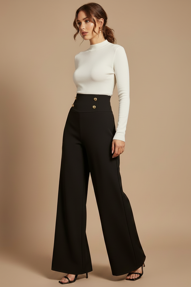 Pantalon Patte D'Éléphant Noir Taille Haute Boutons Dorés - Polyester - vue 3