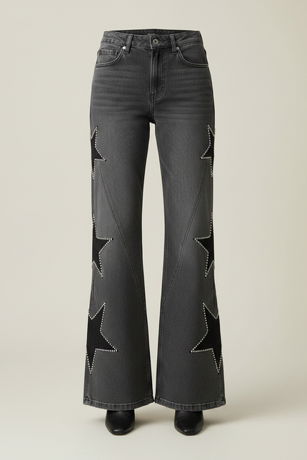 Pantalon Patte D'Éléphant Gris Étoiles Cloutées Denim Femme - Jean - vue 3