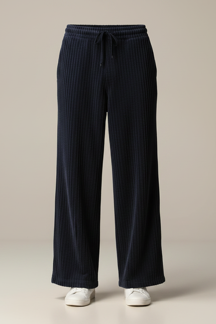 Pantalon Patte D'Éléphant Bleu Marine Côtelé Ample Décontracté - Cordé - vue 3