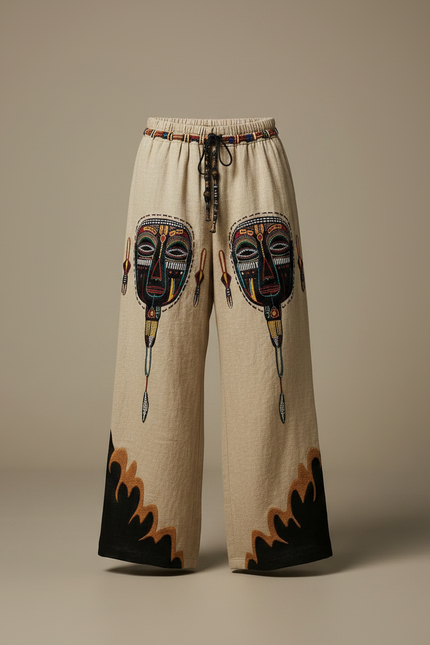 Pantalon Patte D'Éléphant Ethnique Beige Ample Masques Africains Homme - Lin - vue 3