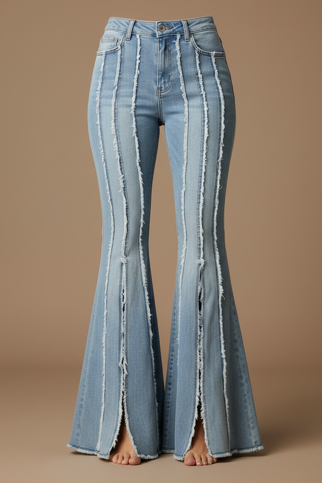 Pantalon Patte D'Éléphant Jean Fendu Franges Taille Haute - Bleu - vue 3