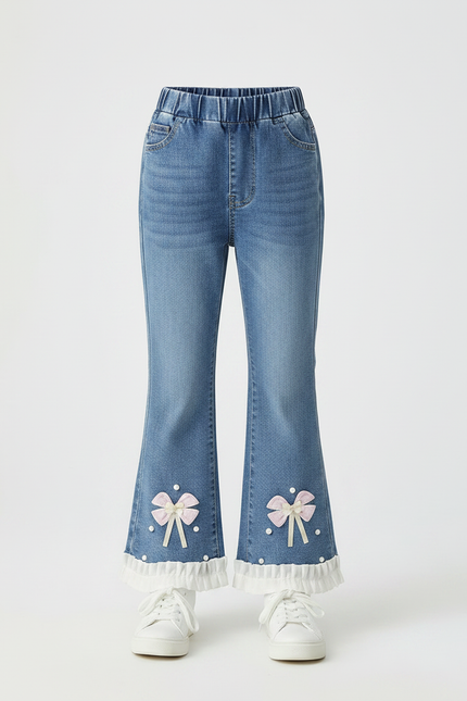 Pantalon Patte D'Éléphant Denim Bleu Nœuds Brodés Fille - Jean - vue 3