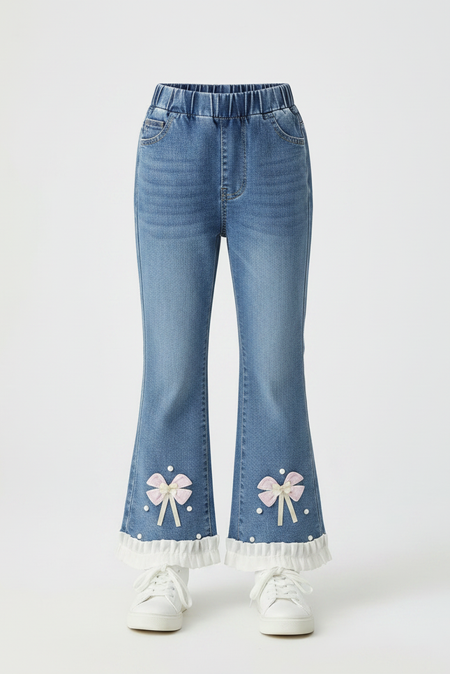 Pantalon Patte D'Éléphant Denim Bleu Nœuds Brodés Fille - Jean - vue 3