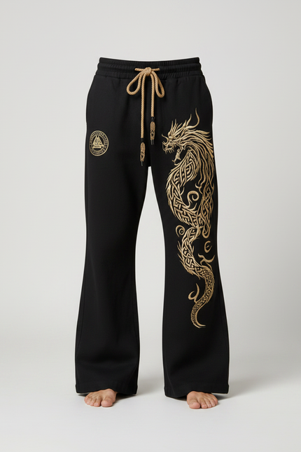 Pantalon Patte D'Éléphant Noir Dragon Brodé Ample Décontracté Homme - Molleton - vue 3