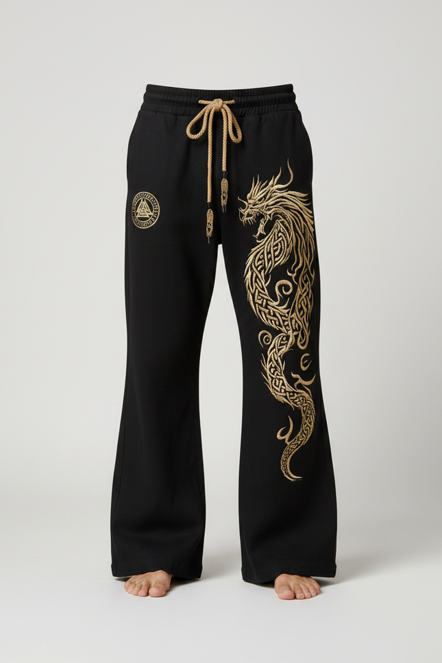 Pantalon Patte D'Éléphant Noir Dragon Brodé Ample Décontracté Homme - Molleton - vue 3