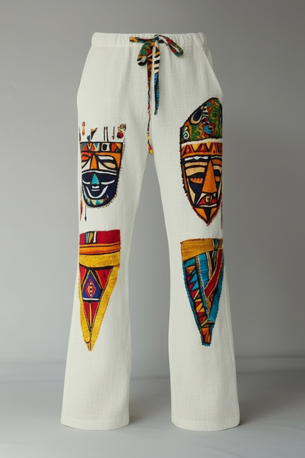 Pantalon Patte D'Éléphant Lin Blanc Ethnique Masques Africains Homme - vue 3