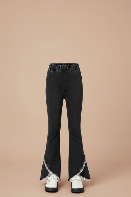 Pantalon Patte D'Éléphant Denim Noir Évasé Volants Fille - Jean - vue 3