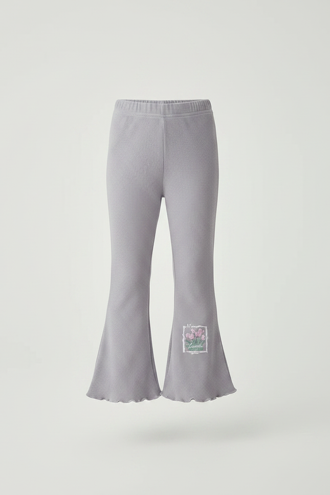 Pantalon Patte D'Éléphant Gris Côtelé Évasé Fleuri Fille - Maille - vue 3