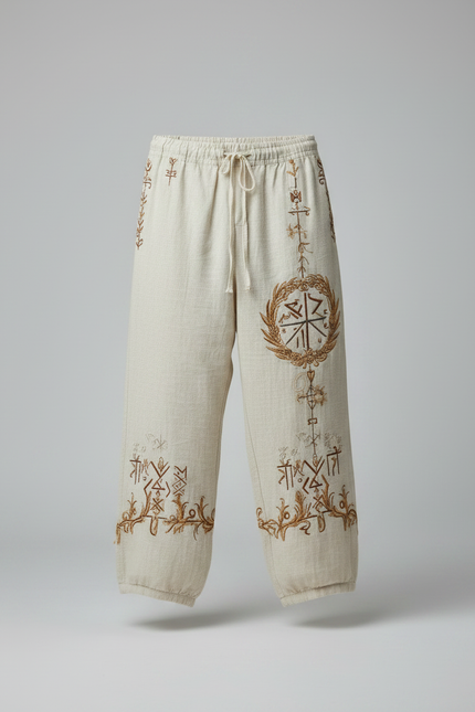 Pantalon Patte D'Éléphant Lin Ample Ethnique Brodé Homme - Beige - vue 3