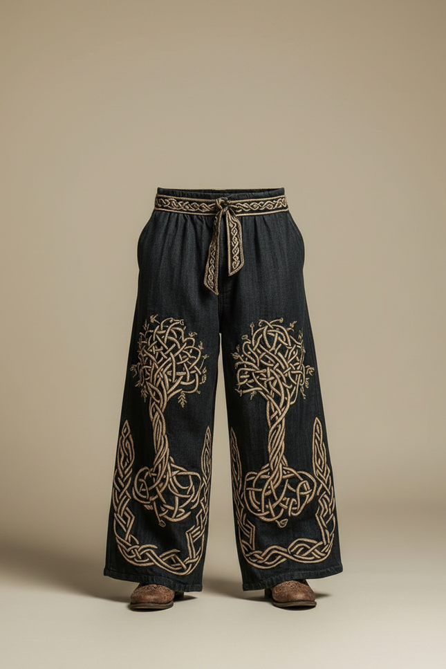 Pantalon Patte D'Éléphant Noir Brodé Celtique Ample Homme - Jean - vue 3
