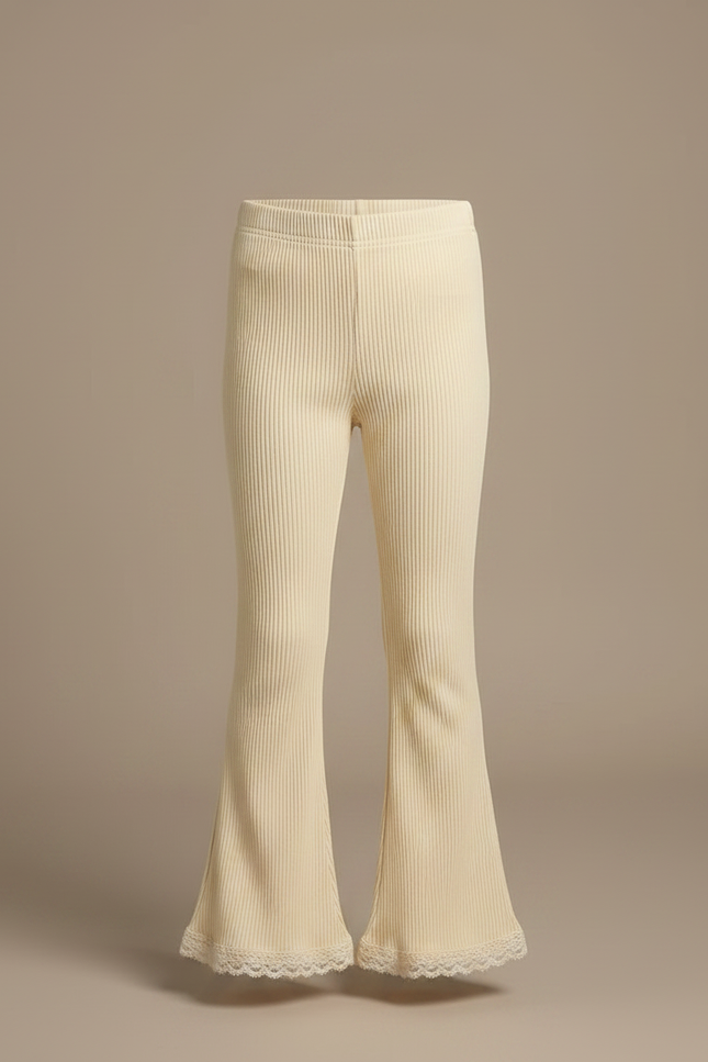 Pantalon Patte D'Éléphant Écru Côtelé Évasé Dentelle Fille - Beige Maille - vue 3