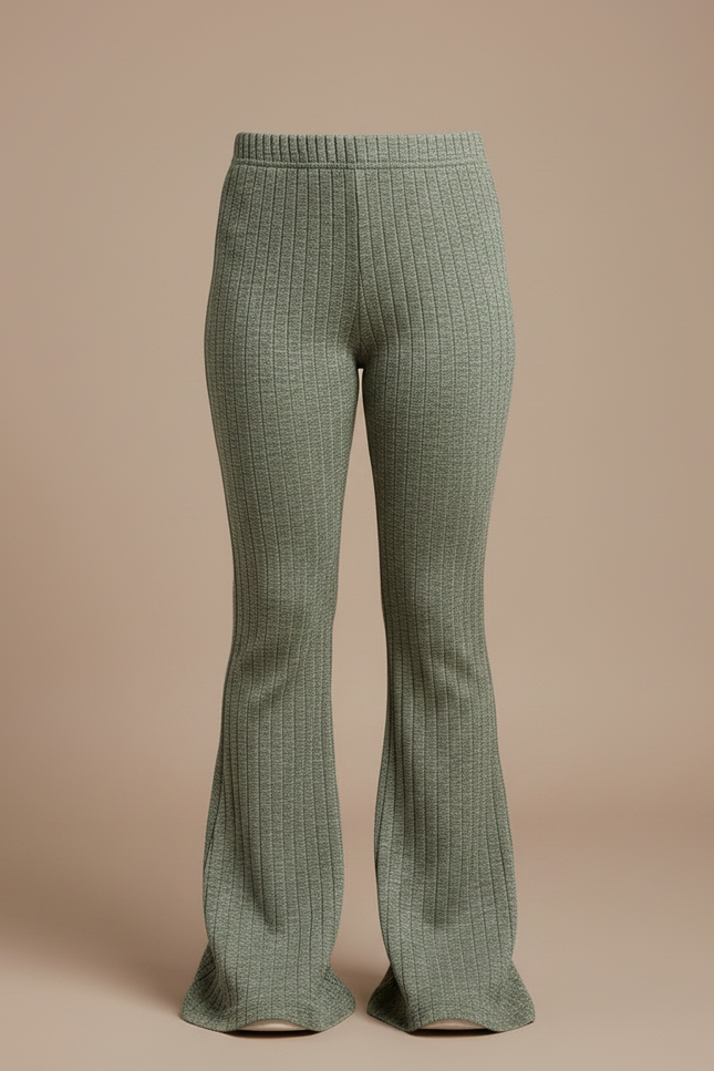 Pantalon Patte D'Éléphant Vert Côtelé Taille Haute Évasé - Cordé - vue 3