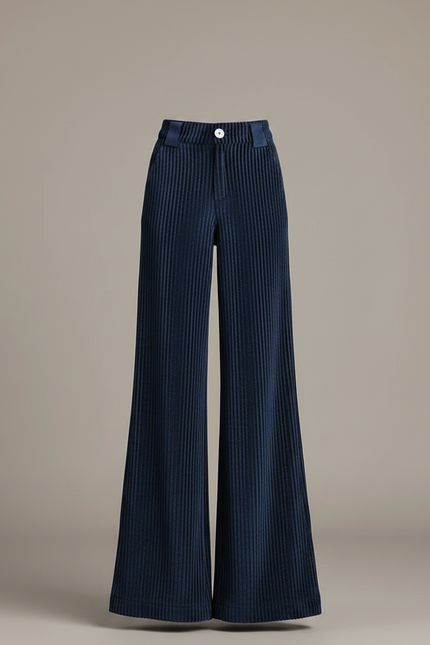 Pantalon Patte D'Éléphant Côtelé Bleu Marine Taille Haute Élégant - Cordé - vue 3