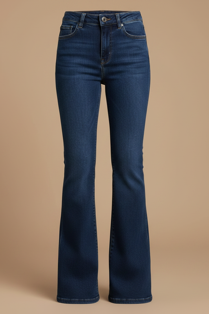 Pantalon Patte D'Éléphant Denim Bleu Stretch Taille Haute - Marine Jean - vue 3