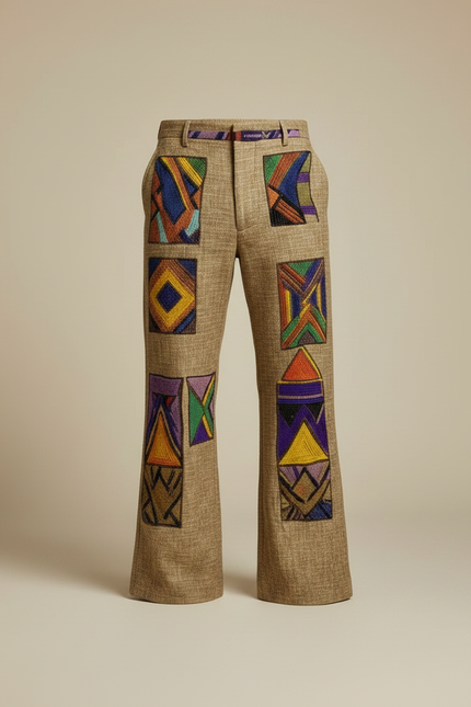 Pantalon Patte D'Éléphant Ethnique Imprimé Abstrait Homme Décontracté - Multicolore Lin - vue 3